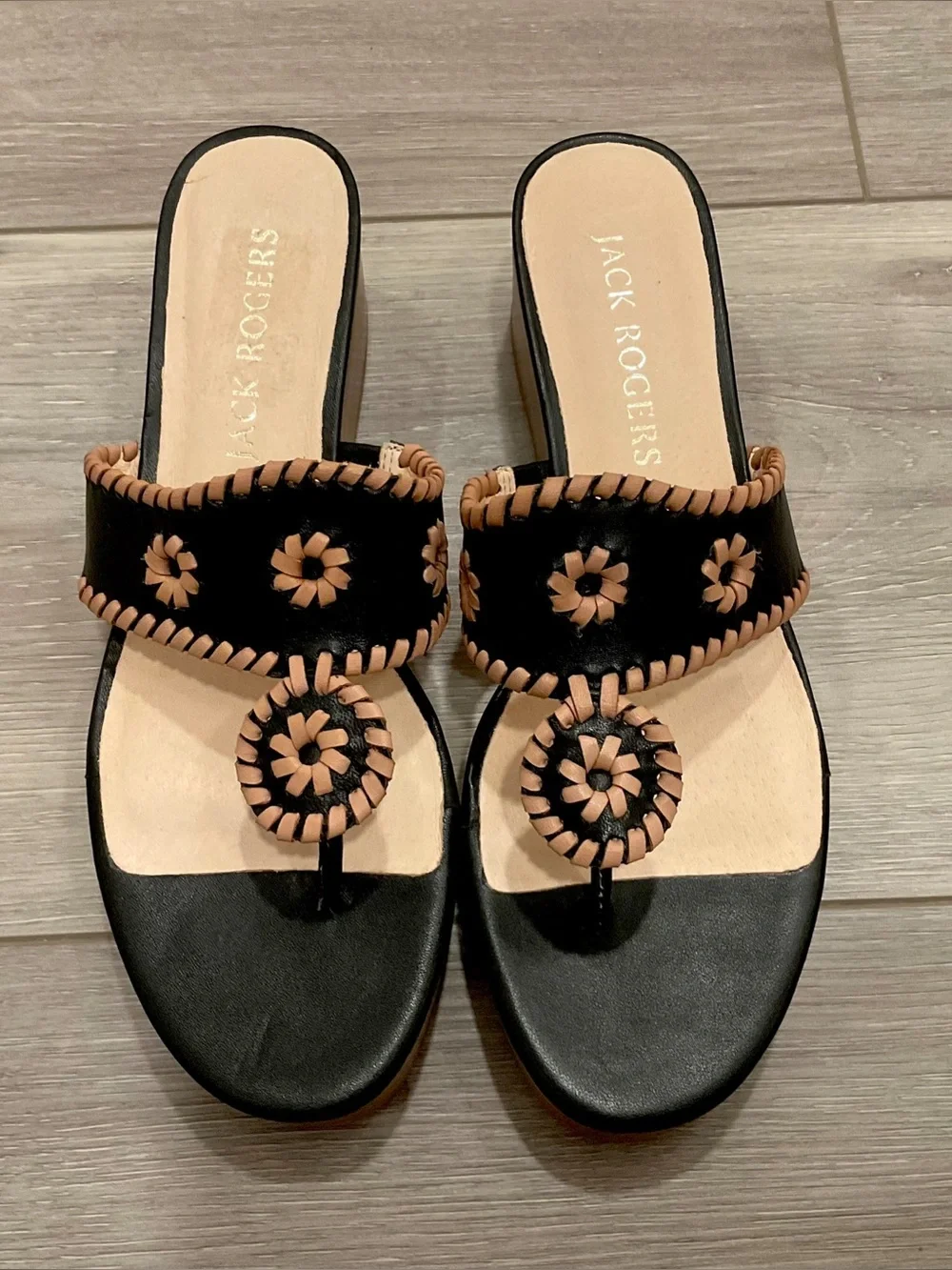 JACK ROGERS Jack’s Mid Wedge Platform Thong Sandal Black/Cafe Au Lait Sz 9.5 NEW